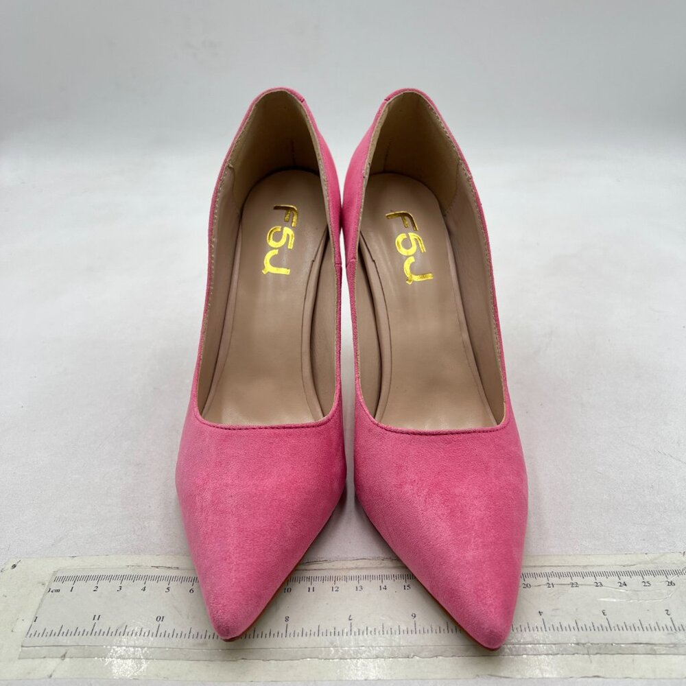 FSJ Pink Suede High Heels Pumps Pointed Toe Slip On Pearls Beaded Elegant Shoes - Picture 3 of 8
